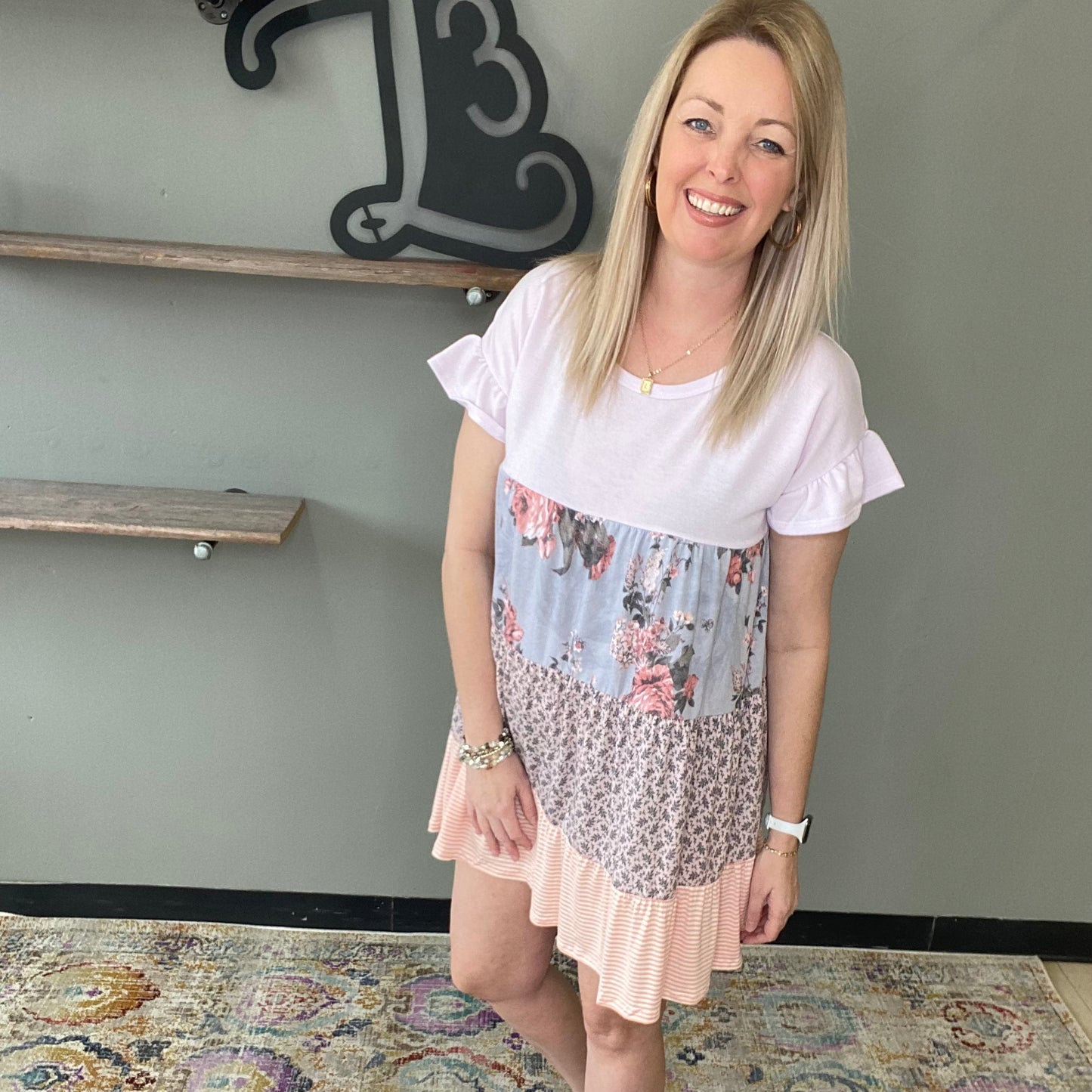 Floral Color Block Tiered Dress