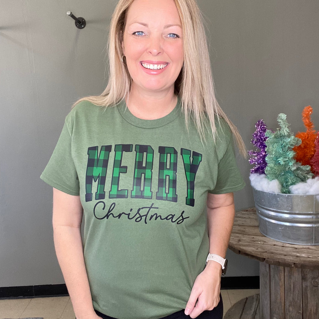 Merry Christmas Green Check Tee