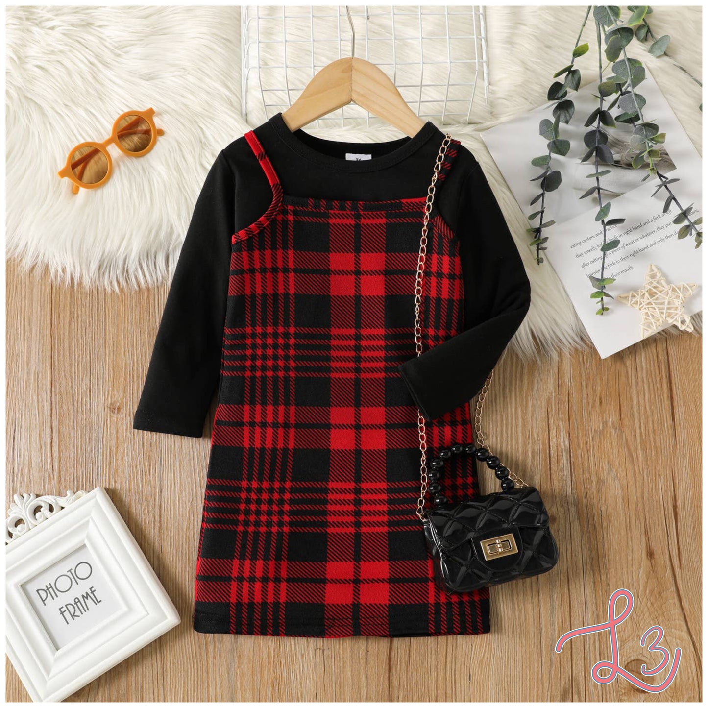 2pcs Toddler Girl Trendy Plaid Cami Dress and Black Tee Set