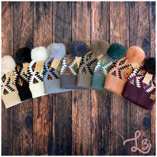 Load image into Gallery viewer, C.C Beanie Aztec Patterned Faux Fur Pom