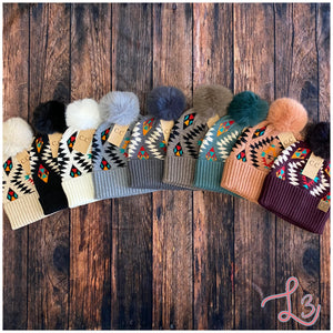 C.C Beanie Aztec Patterned Faux Fur Pom
