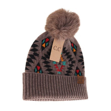 Load image into Gallery viewer, C.C Beanie Aztec Patterned Faux Fur Pom