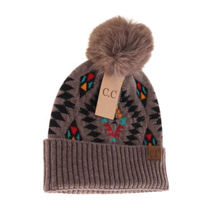 C.C Beanie Aztec Patterned Faux Fur Pom
