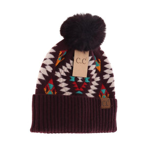 C.C Beanie Aztec Patterned Faux Fur Pom