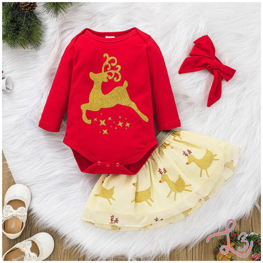 Christmas 3pcs Glitter Golden Reindeer Print Long-sleeve Romper and Mini Skirt Set