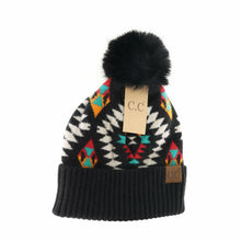 Load image into Gallery viewer, C.C Beanie Aztec Patterned Faux Fur Pom