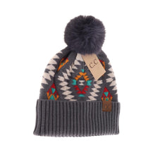 Load image into Gallery viewer, C.C Beanie Aztec Patterned Faux Fur Pom